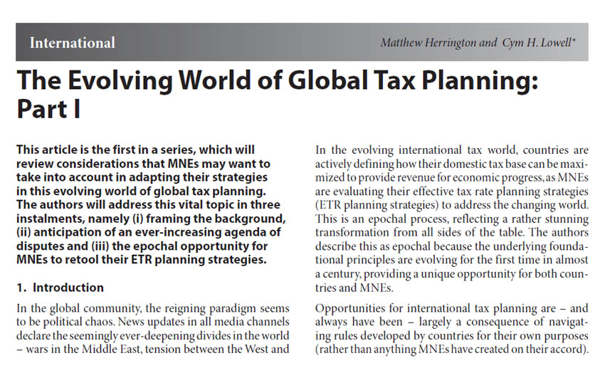 The Evolving World of Global Tax Planning: Part I