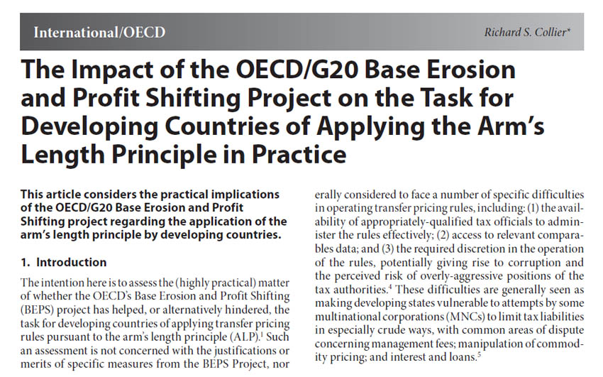 The Impact of the OECD/G20 Base Erosion and Profit Shifting Project on the Task for Developing Countries of Applying the Arm’s Length Principle in Practice