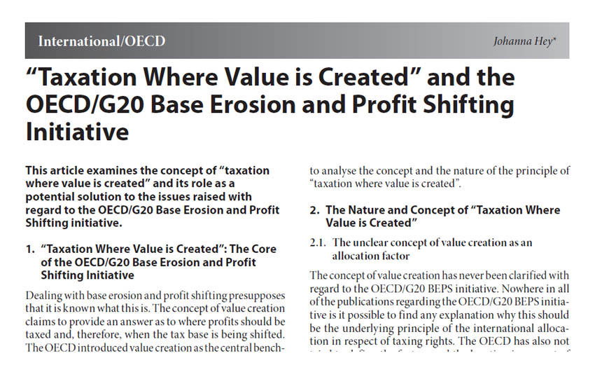 “Taxation Where Value is Created” and the OECD/G20 Base Erosion and Profit Shifting Initiative