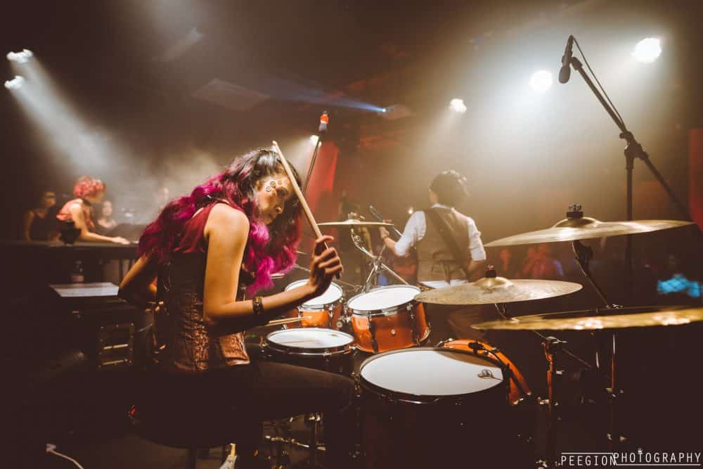 Christal on the drums at Sangriento's launch of Blood Pact.